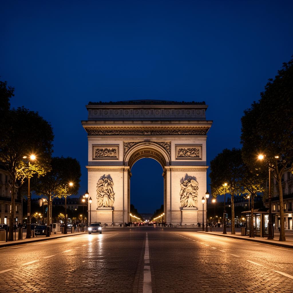 Arco do Triunfo em Paris ao anoitecer — agende sua aula experimental de francês